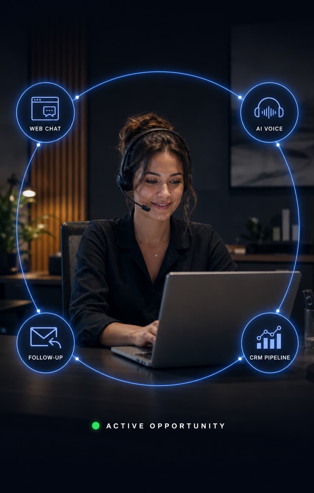 AI receptionist professional supported by web chat, AI voice, follow-up, and CRM pipeline tools
