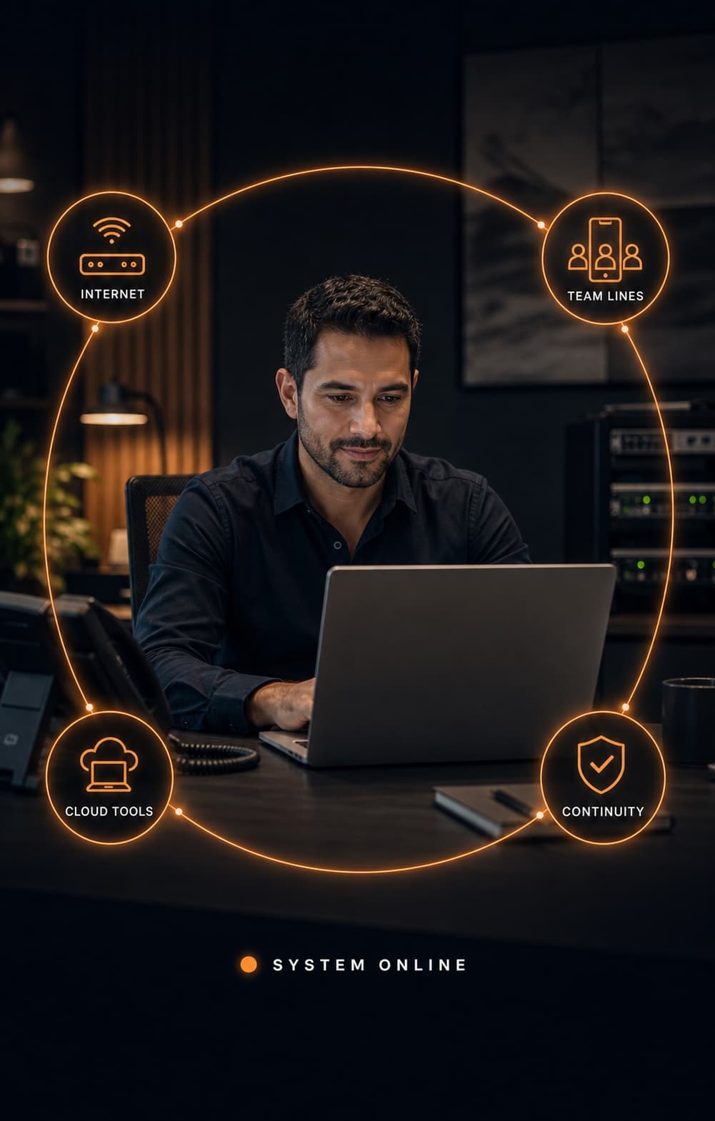 Business operations professional supported by internet, team lines, cloud tools, and continuity systems
