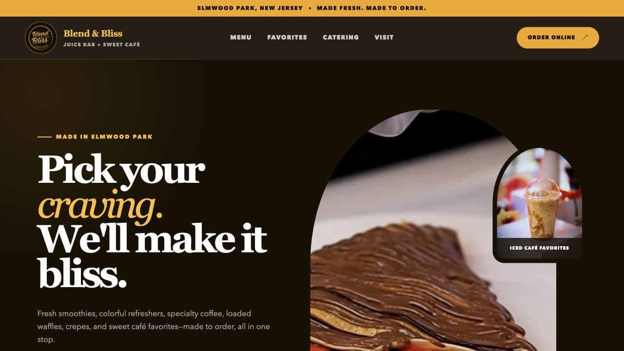 Blend and Bliss juice bar and sweet cafe website homepage