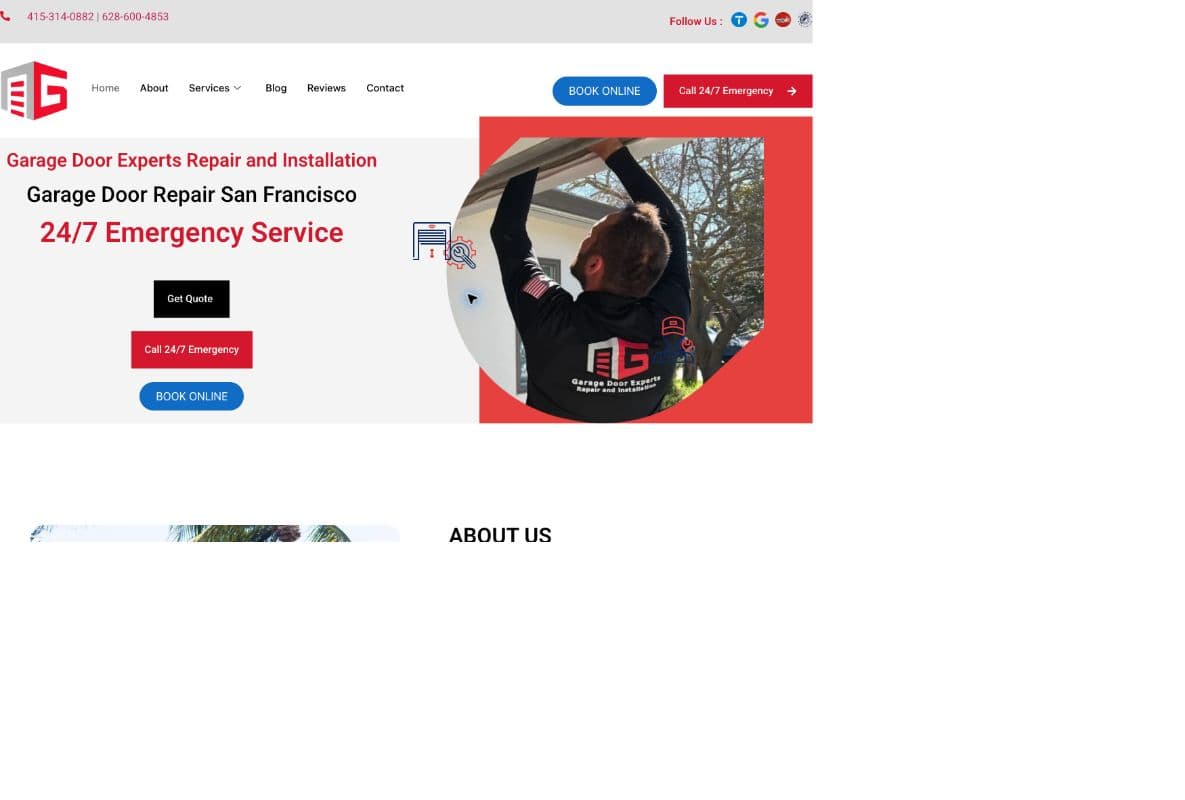 Garage Door Experts homepage shown inside a neon computer frame