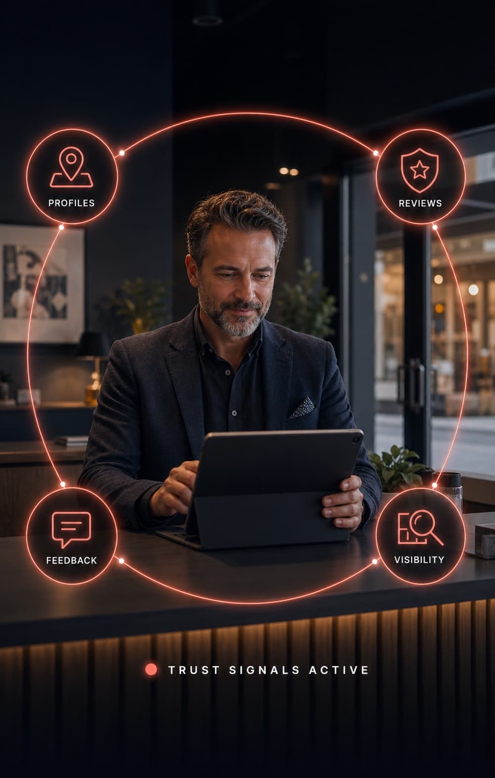 Local business professional supported by profile, review, feedback, and visibility systems